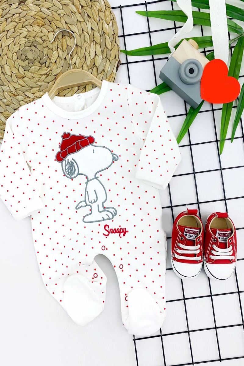 3-6-9-12 Ay Snoopy Nakışlı Patikli Uzun Kollu Kız Erkek Bebek Tulumu