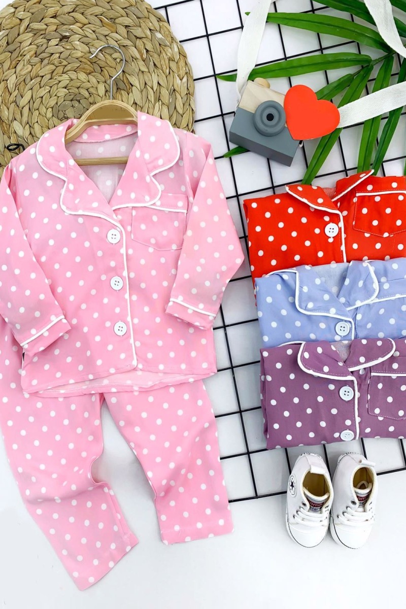 9-12-18-24 Ay Puantiyeli Düğme Kapama 2li Kız Erkek Bebek Pijama Takımı