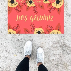 Dijital Baskı Gül Kurusu Çiçek Desen Kapı Önü Paspası K-1001