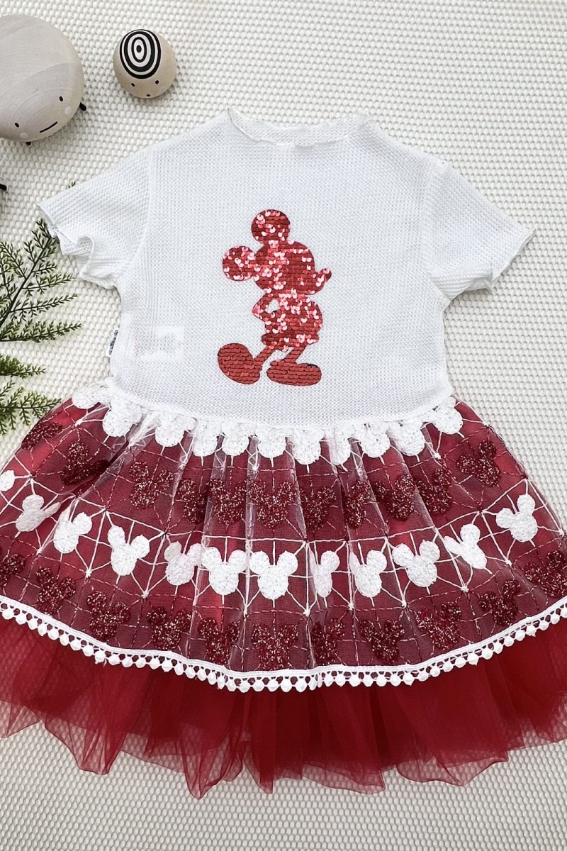 1-2-3 Yaş Payetli Mickey Baskılı Brode Etekli Kız Bebek Elbisesi