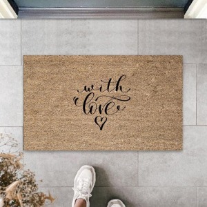 Bej Kapı Önü Paspası With Love Desen  K-3295