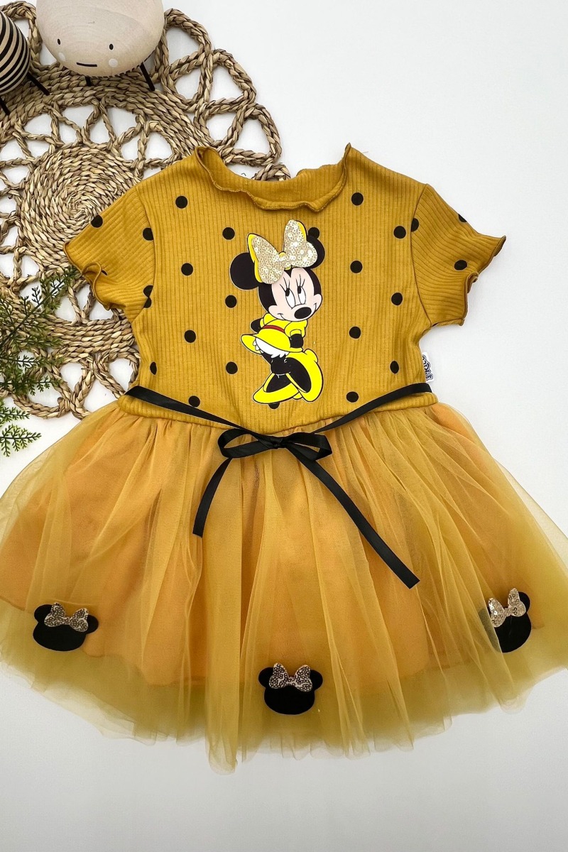 2-3-4 Yaş Puantiyeli Mickey Baskılı Kurdela Kuşaklı Astarlı Kız Bebek Tütü Elbisesi