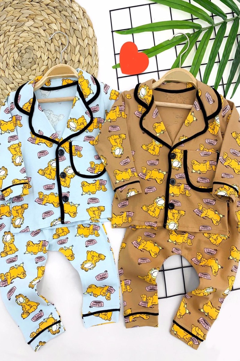 9-12-18-24 Ay Garfield Baskılı Düğme Kapamalı 2li Kız Erkek Bebek Pijama Takımı