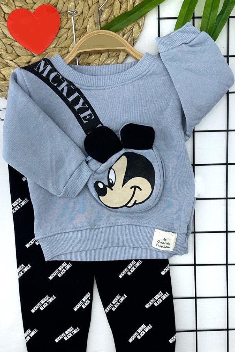 9-12-18-24 Ay Mickey Kendinden Ferumarlı Çanta Uzun Kollu Sweat 2li Kız Erkek Bebek Takımı