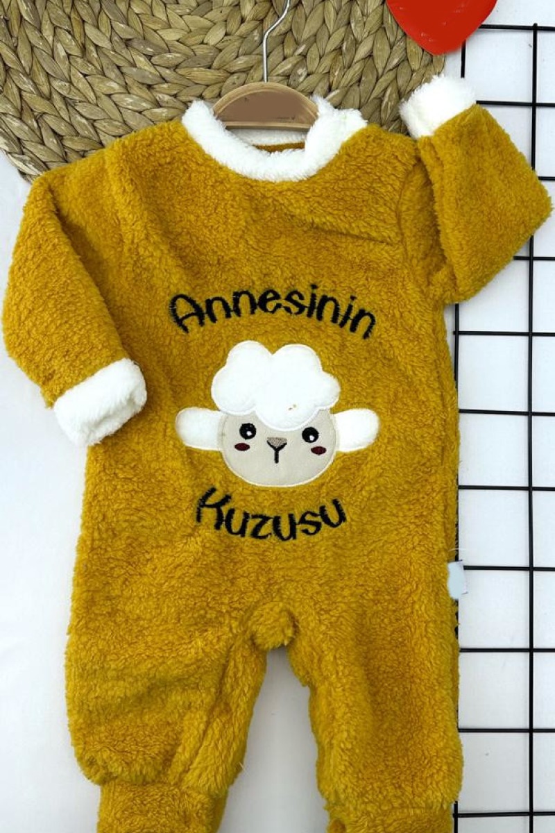 3-6-9-12 Ay Kuzu Tüylü Kumaş Annesinin Kuzusu Nakışlı Alttan Çıtçıtlı Kız Erkek Bebek Tulumu