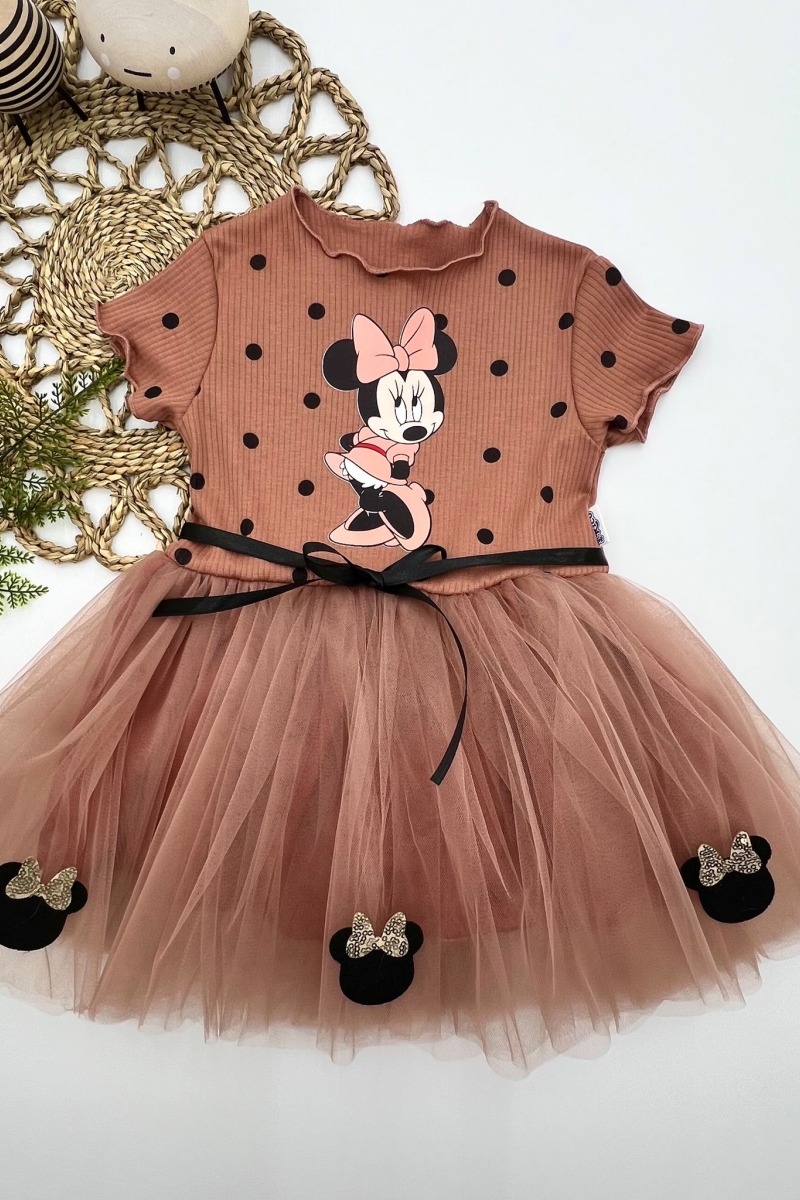 2-3-4 Yaş Puantiyeli Mickey Baskılı Kurdela Kuşaklı Astarlı Kız Bebek Tütü Elbisesi