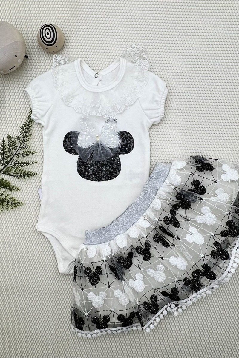 1-2-3 Yaş Payetli Mickey Nakışlı  Kısa Kollu Brode Etekli 2li Kız Bebek Takımı