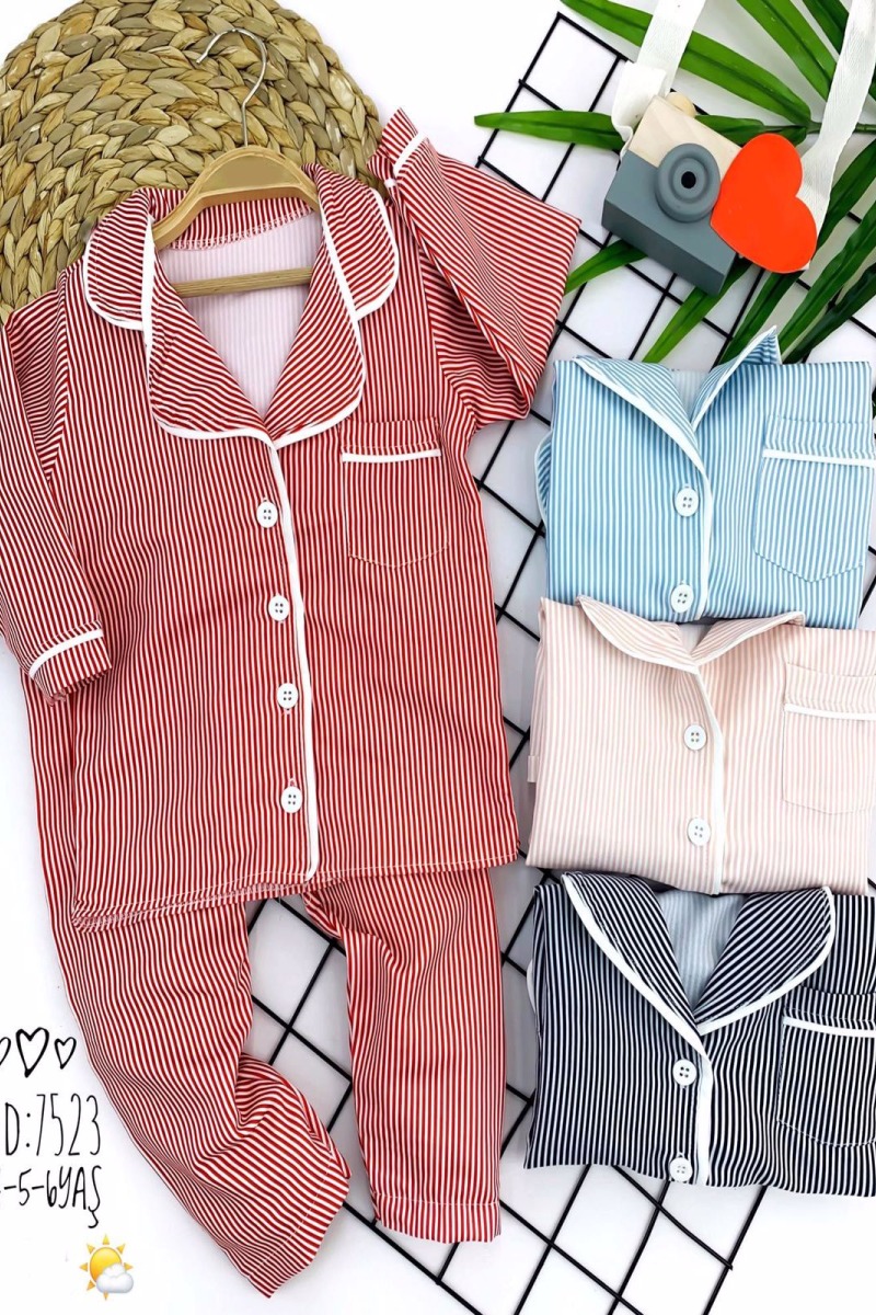 3-4-5-6 Yaş Düğme Kapamalı Boydan Çizgi Desenli 2li Kız Erkek Çocuk Pijama Takımı