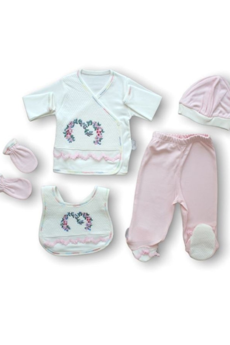 Anadolunun Kalbi Nakışlı %100 Cotton Antibakteriyel 5li Zıbın Takımı Hastane Çıkışı