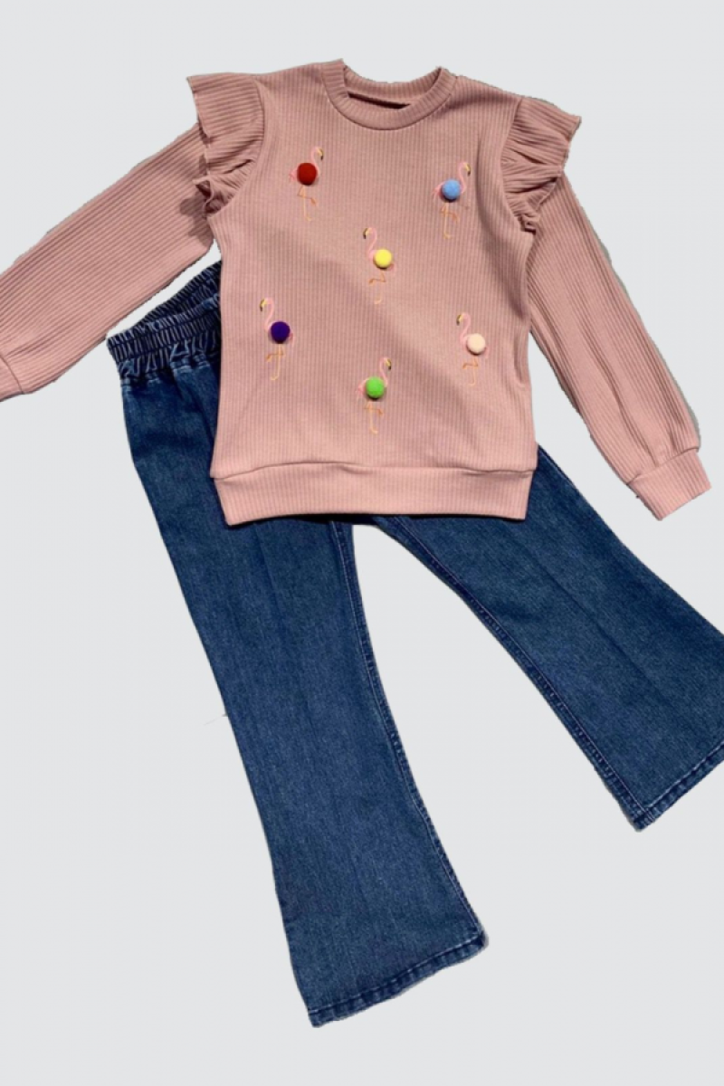 4-5-6 Yaş Kot Pantolonlu Flamingo Desenli Penye Sweat Uzun Kollu 2li Kız Çocuk Takımı