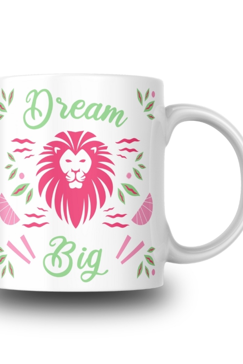 Pembe Yeşil Aslan Desenli Seramik 350 Ml Kupa Bardak