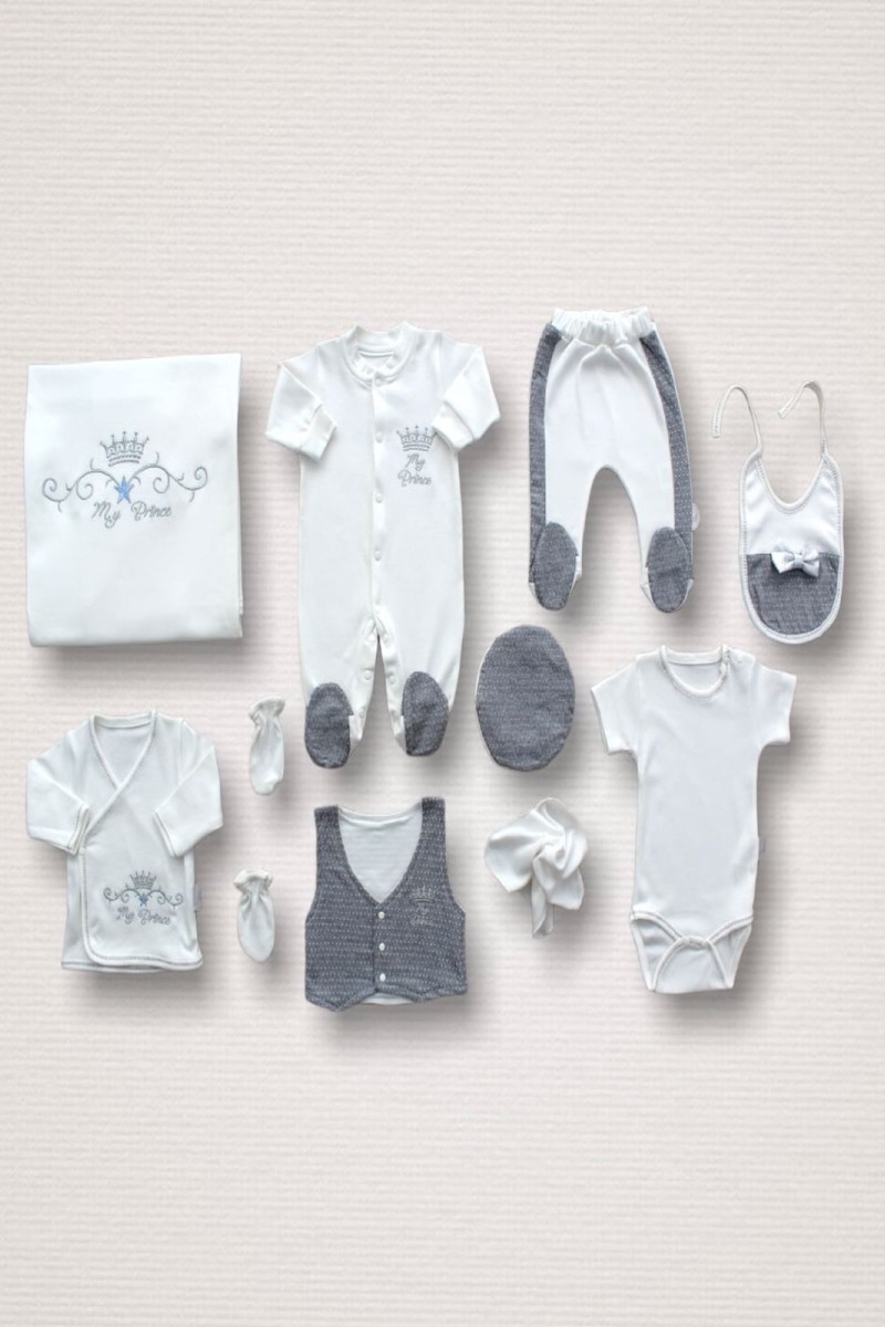 Süper Prens Nakışlı %100 Cotton Antibakteriyel 10lu Zıbın Takımı Hastane Çıkışı