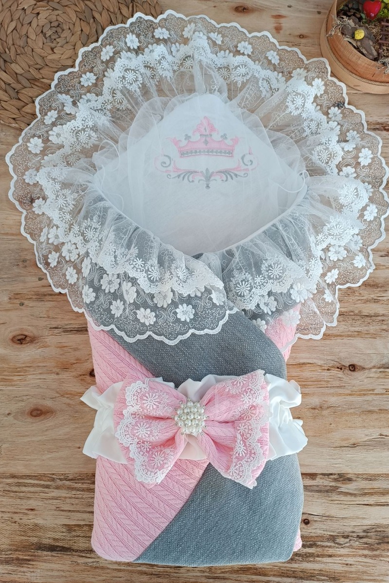 Yenidoğan Teri Cotton Taç Nakışlı Prizma Taş Kundak Bebek Battaniyesi