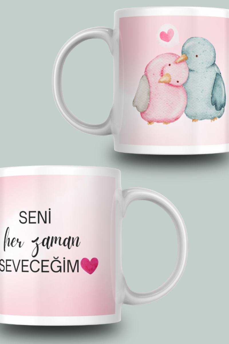 Kuş Desenli Aşk Mesajlı Yazılı Seramik 350 Ml Kupa Bardak
