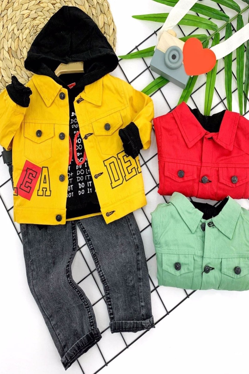 2-3-4-5 Yaş Pantolonlu Sweat Gabardin Ceket Cepli Kot Pantolon 3lü Erkek Bebek Takımı