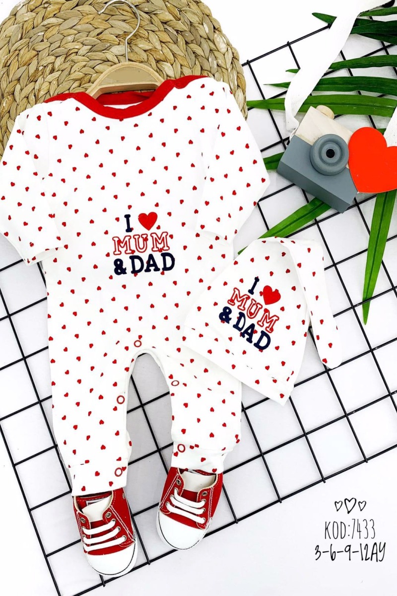 3-6-9-12 Ay Kuyruklu Şapkalı Piti Kalp I Love Mum&dad Baskılı Uzun Kollu Kız Erkek Bebek Tulumu
