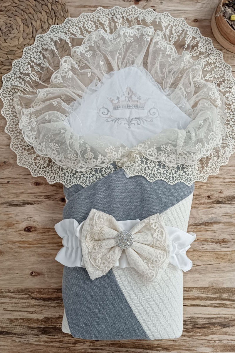 Yenidoğan Teri Cotton Taç Nakışlı Prizma Taş Kundak Bebek Battaniyesi