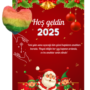 Yeni Yıl Noel Baba Kart Üzerinde Anahtarlık (Kişiye Özel Yazı Yazdırılabilir) Renkli Kalp 5 Adet
