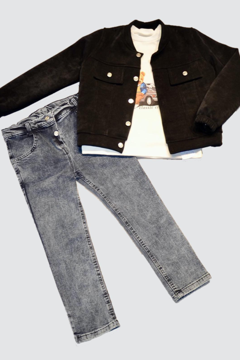 4-5-6 Yaş Kot Pantolonlu Nubukceketli Uzun Kollu Penye Sweat 3lü Erkek Çocuk Takımı