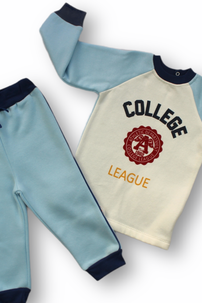 9-12 12-18 18-24 24-36 Ay College Baskılı 3 İplik Kumaş Uzun Kollu Sweatli 2li Erkek Bebek Takımı