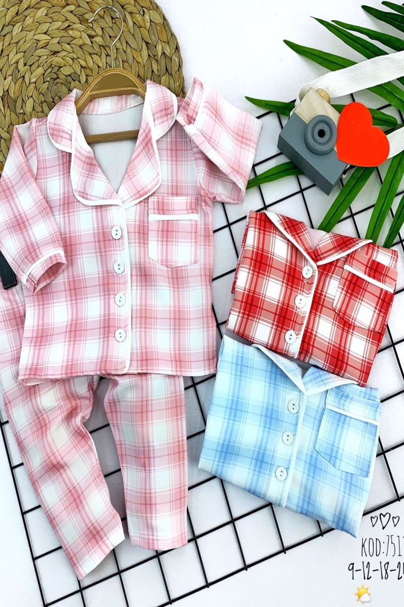 9-12-18-24 Ay Düğme Kapamalı Ekose Desenli 2li Kız Erkek Bebek Pijama Takımı
