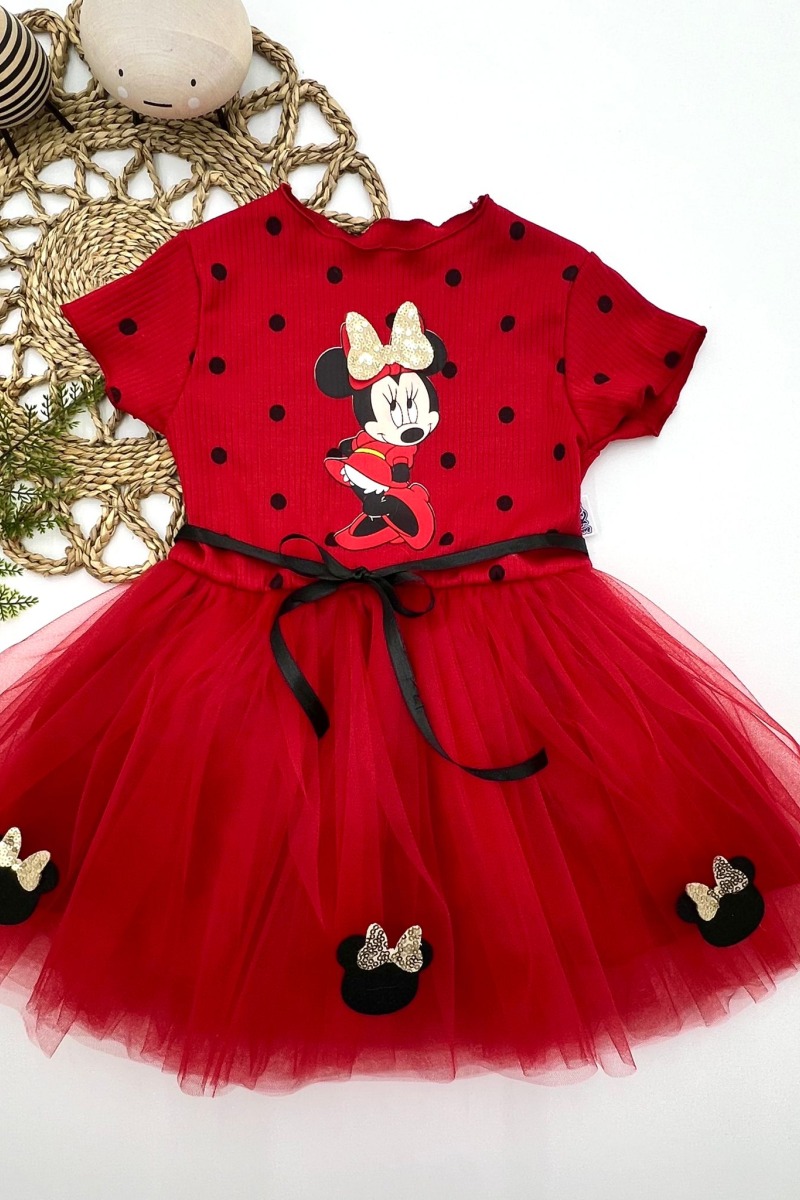 2-3-4 Yaş Puantiyeli Mickey Baskılı Kurdela Kuşaklı Astarlı Kız Bebek Tütü Elbisesi
