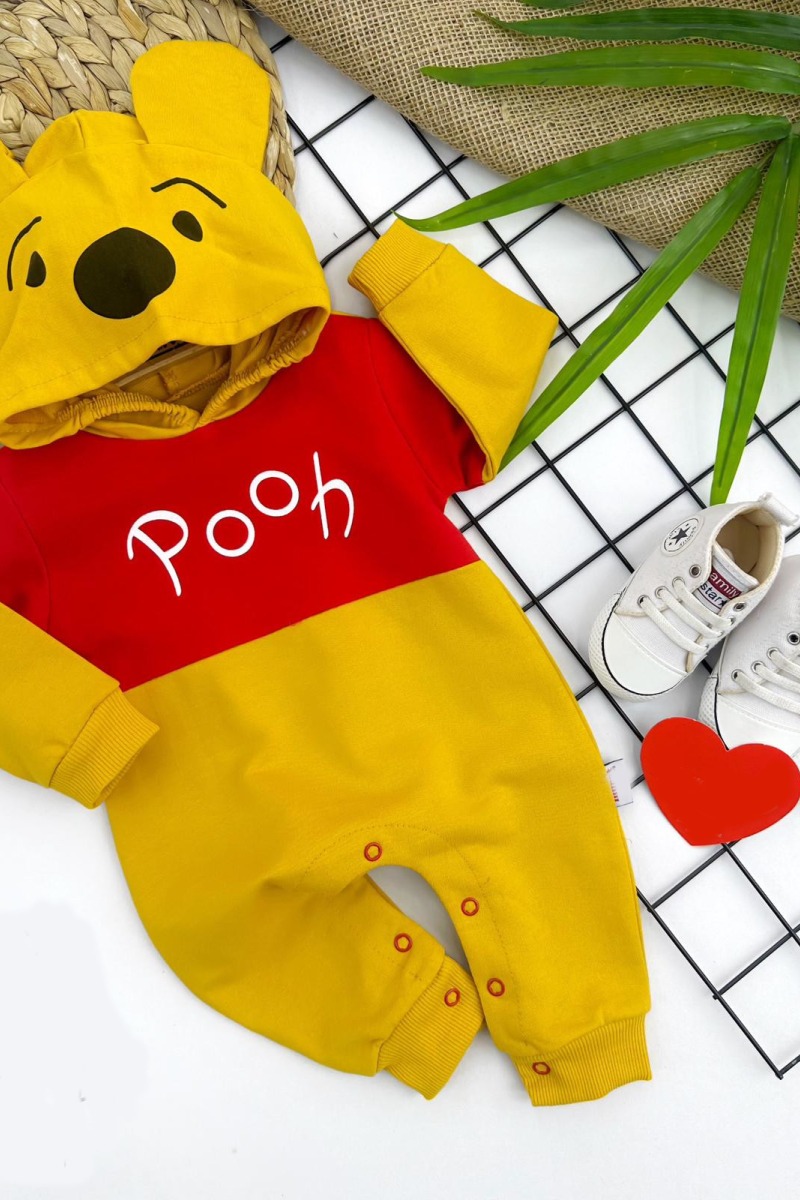 3-6-9-12 Ay Pooh Baskılı Ve Kapşonlu Kız Erkek Bebek Tulumu