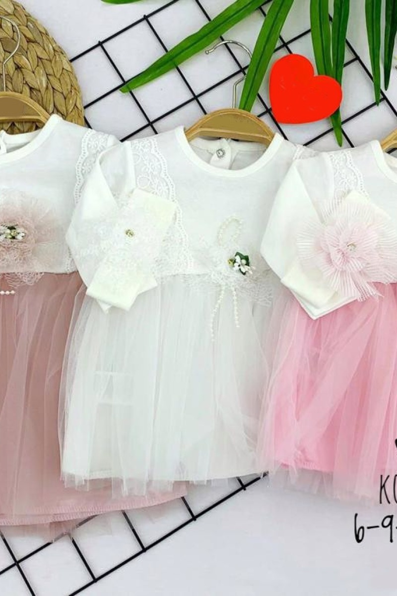 6-9-12-18 Ay Koldan Brode Desenli Bandanalı Astarlı Kız Bebek Elbisesi