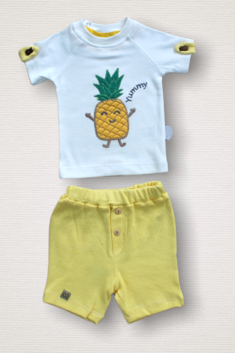 6-9 9-12 12-18 Ay Ananas Nakışlı Kısa Kollu Sweatli Şortlu 2li Kız-erkek Bebek Takımı