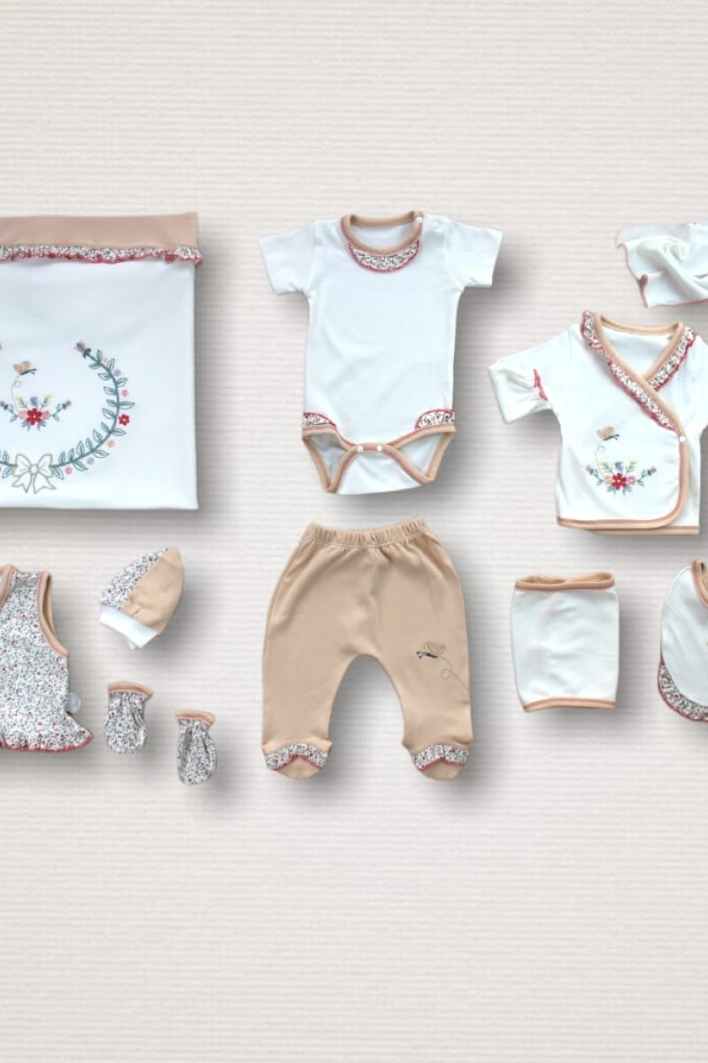 Erguvan Taç Nakışlı %100 Cotton Antibakteriyel Kız Bebek 10lu Zıbın Takımı Hastane Çıkışı