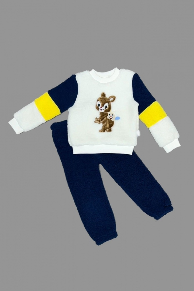 1-2-3 Yaş Oyuncu Sincap Nakışlı Kuzu Kumaş Sweat Pantolon Uzun Kollu Kız Erkek 2 Li Takımı