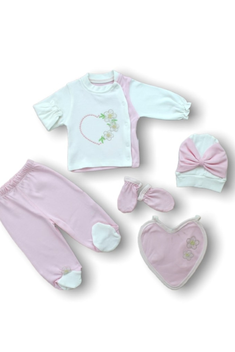 Baharın Çiçekli Kalbi Nakışlı %100 Cotton Antibakteriyel 5li Zıbın Takımı Hastane Çıkışı