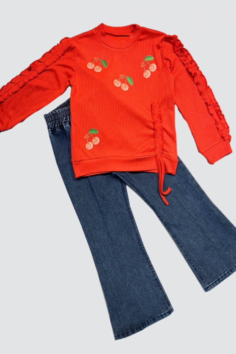 4-5-6 Yaş Kot Pantolonlu Kiraz Desenli Penye Sweat Uzun Kollu 2li Kız Çocuk Takımı