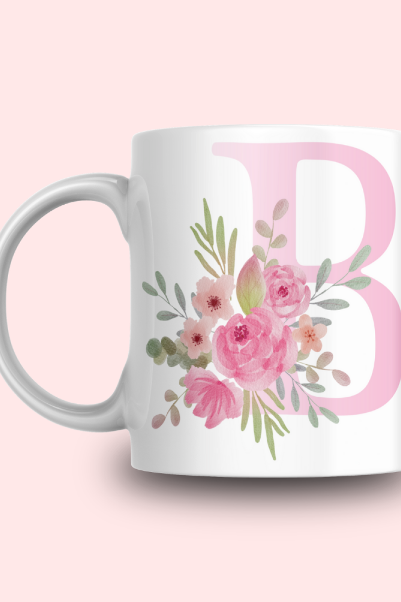 Pembe Çiçek Desenli B Harfli Kupa