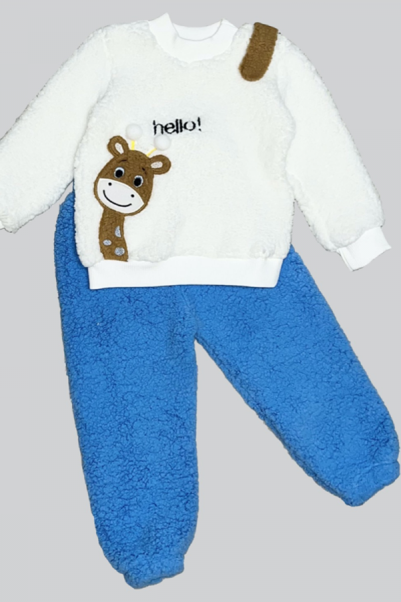 1-2-3 Yaş Hello Zürafa Nakışlı Kuzu Kumaş Sweat Pantolon Uzun Kollu Kız Erkek 2 Li Takımı