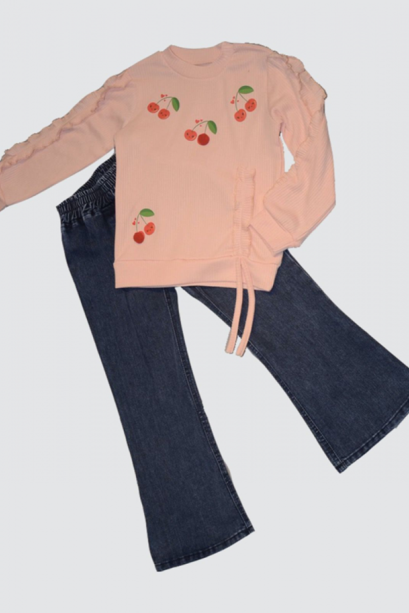 4-5-6 Yaş Kot Pantolonlu Kiraz Desenli Penye Sweat Uzun Kollu 2li Kız Çocuk Takımı