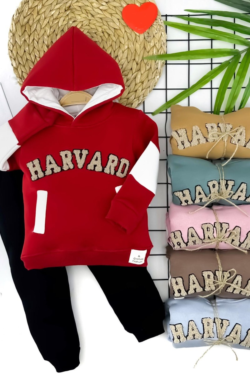 2-3-4-5 Yaş Kapşonlu Harvard Nakışlı Uzun Kollu 2li Kız Erkek Çocuk Takımı
