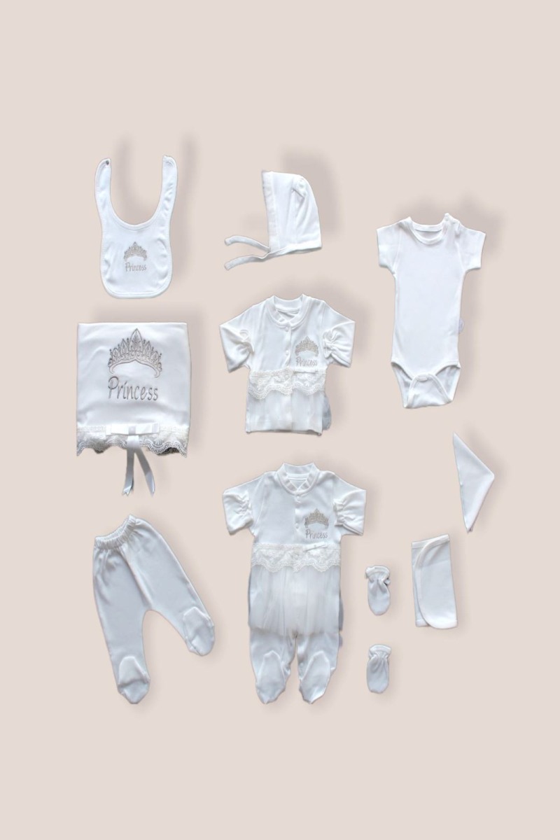 Taçlı Prensesim Nakışlı %100 Cotton Antibakteriyel 10lu Zıbın Takımı Hastane Çıkışı