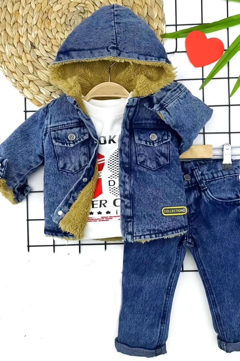 9-12-18-24 Ay İçi Tüylü Kapşonlu Cepli Kot Ceket Pantolon Sweatli 3lü Erkek Bebek Takımı